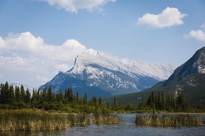 Scenic view of lake and mountains against sky