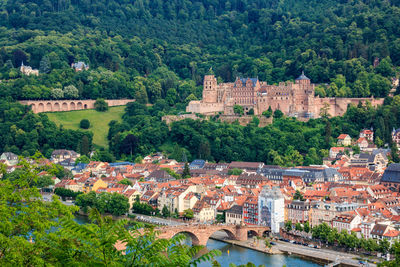 High angle view of buildings in town