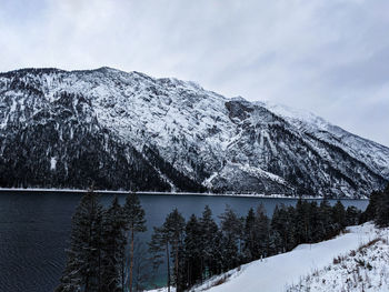 Scenic view of snow covered mountains against sky