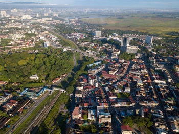 High angle view of street amidst buildings in city