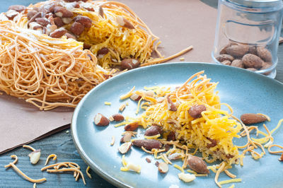 High angle view of food in bowl on table