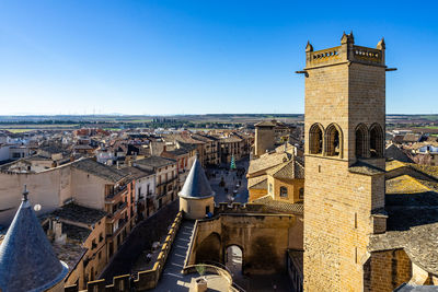 View of the small town of olite with the famous castle on the right,  navarre, spain,