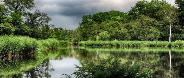 Scenic view of lake against cloudy sky