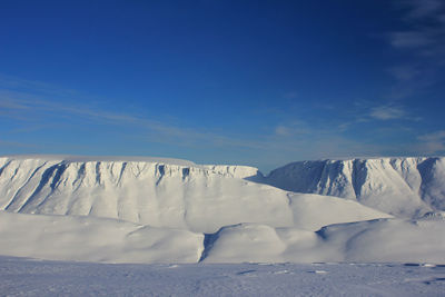 Snow covered landscape against blue sky