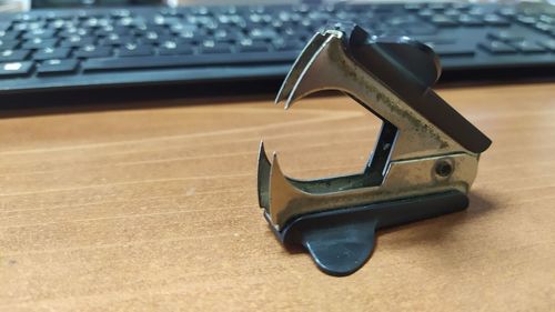 High angle view of smart phone on table