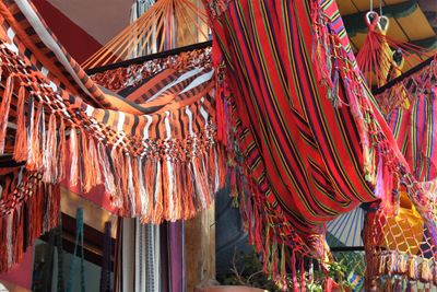 Low angle view of colorful curtain