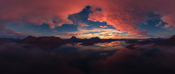 Scenic view of mountains against sky during sunset