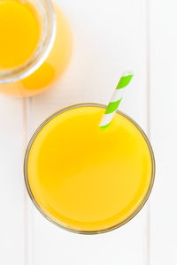 High angle view of yellow drink on table