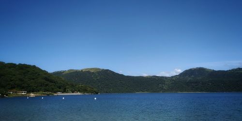Scenic view of sea and mountains against clear blue sky