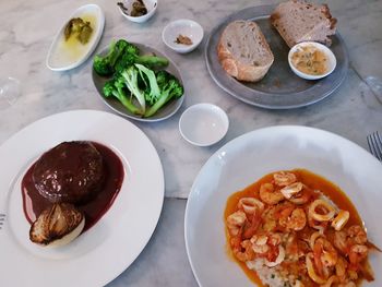 High angle view of food served on table