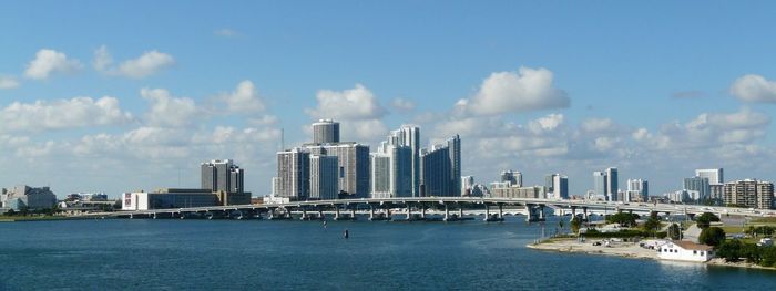 River and buildings against cloudy sky during sunny day