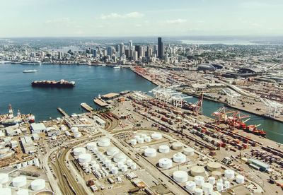 High angle view of commercial dock against sky