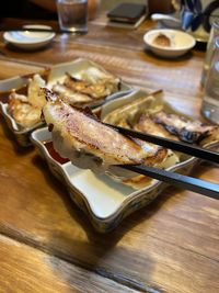 High angle view of food in plate on table