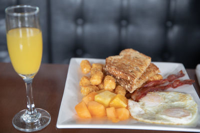 High angle view of breakfast served on table