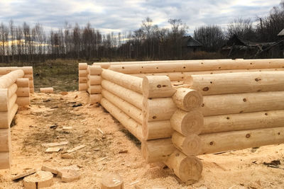 Stack of logs on field against sky