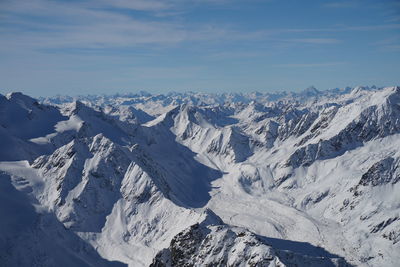 Aerial view of snowcapped mountains against sky