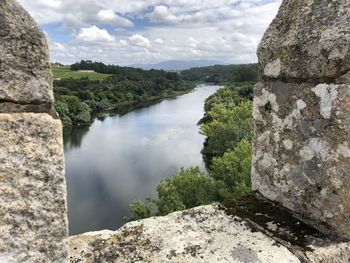 Scenic view of river amidst rocks against sky