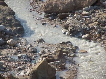 Aerial view of rocks in water