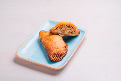 High angle view of bread in plate on table