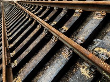 High angle view of rusty railroad track