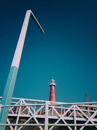 Low angle view of lighthouse against clear blue sky