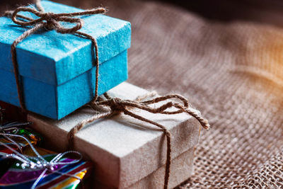 Close-up of christmas presents on table