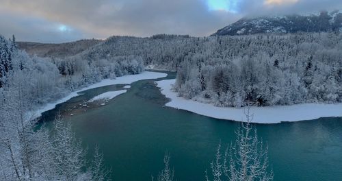 Scenic view of lake against sky during winter