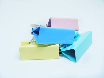 Close-up of toy blocks against white background