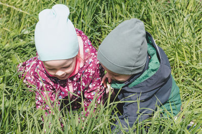 Children studies the environment, the plants around him. 