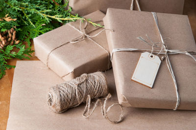 High angle view of gift boxes on table