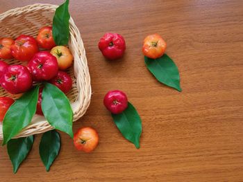 High angle view of fruits and leaves on table