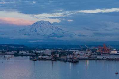 A view of mount rainier and the port of tacoma at twilight.