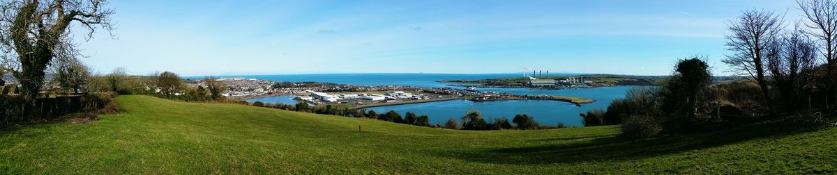 Panoramic view of grassy field and lake against sky