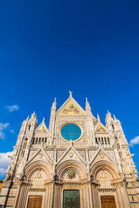 Low angle view of temple building against blue sky