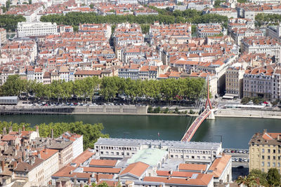 High angle view of buildings in city