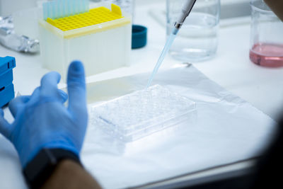 Midsection of scientist examining chemical in laboratory