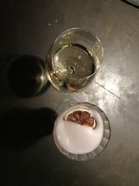 High angle view of water in glass on table