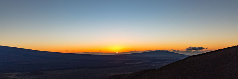 Scenic view of silhouette mountains against clear sky during sunset