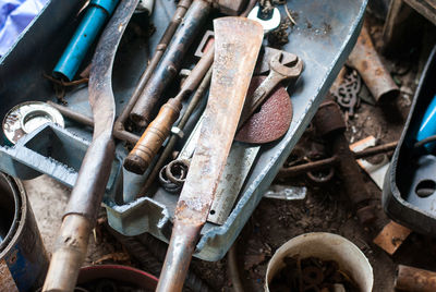 High angle view of old machine parts