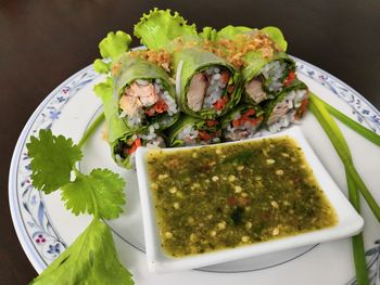 High angle view of food in plate on table