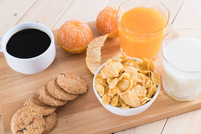 High angle view of breakfast served on table