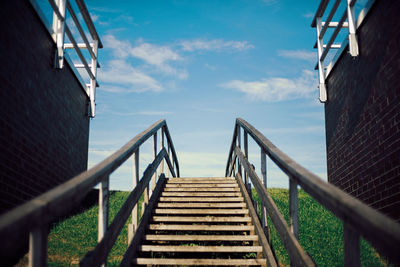 Wooden stairs on dike against blue sky