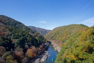 Scenic view of river and mountains against blue sky