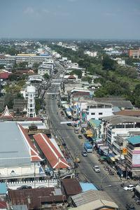 High angle view of street amidst buildings in city