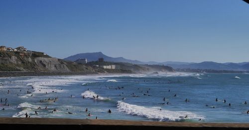 Scenic view of beach against clear blue sky