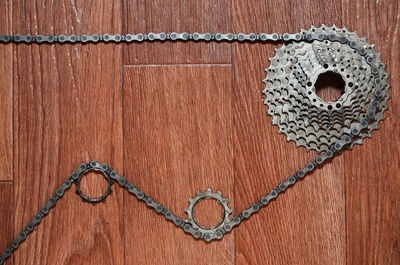 Bicycle gear and chain on table