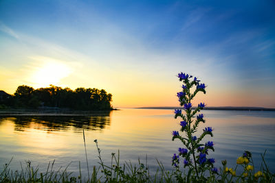 Scenic view of lake against sky during sunset