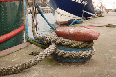 High angle view of rope on boat