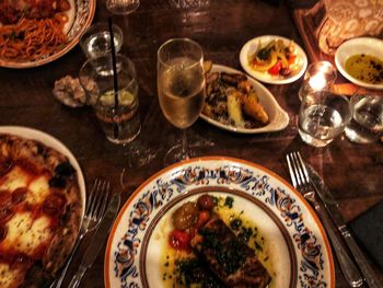 High angle view of meal served on table