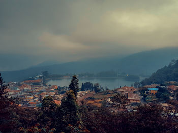 Aerial view of townscape against sky at sunset